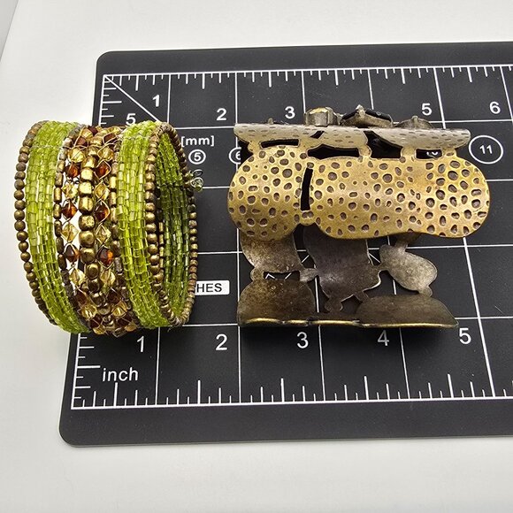 Lot of 4 Statement Cuff Bracelets Brass Glass Beads Openwork & Crystal Designs - Picture 11 of 12